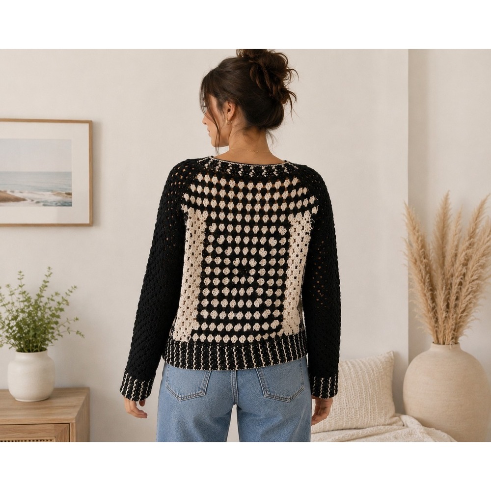 Pure Handknit L/XL Crochet Cardigan Black Cream Granny Square Boho Sweater
